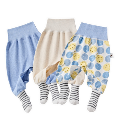 婴儿春秋高腰护肚连袜裤宝宝纯棉大pp包脚裤免脱按扣开裆睡裤打底