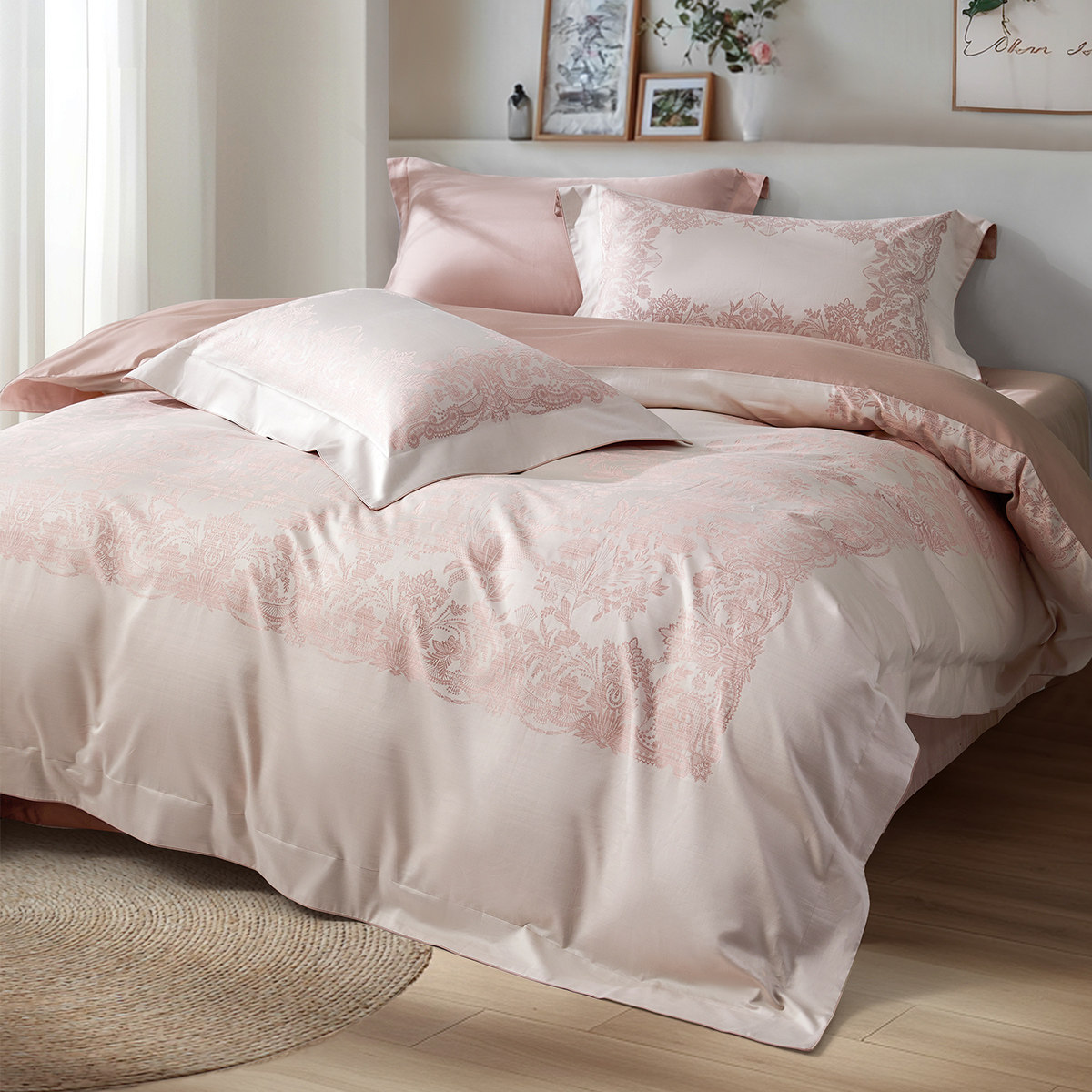 水星家纺全棉100支长绒棉四件套A类高端轻奢提花婚庆1.8床品4件套