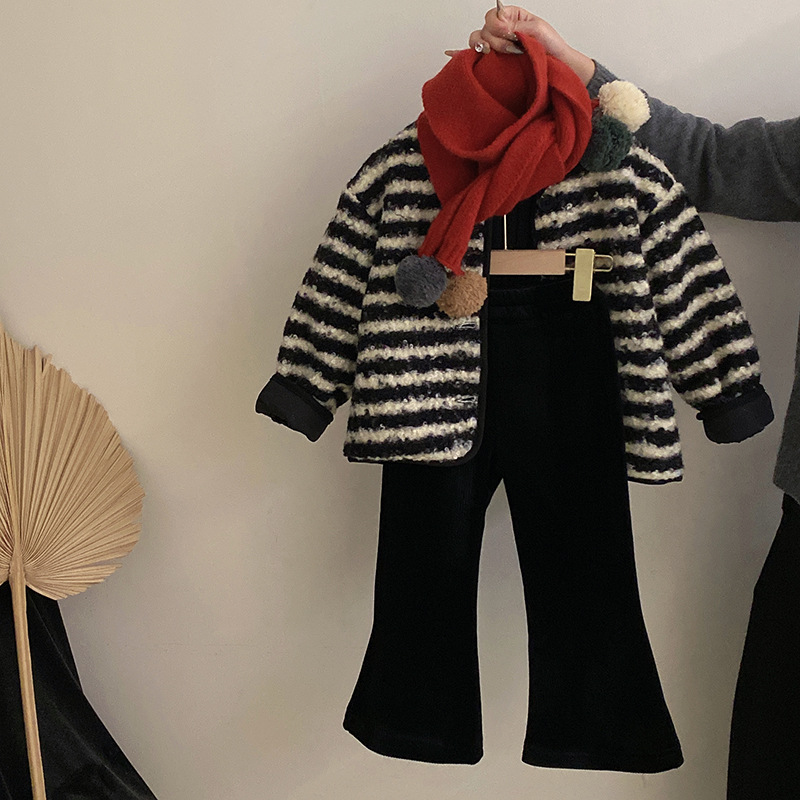 韩版女童冬季新款条纹夹棉外套纯色高领毛衣加绒微喇休闲裤三件套
