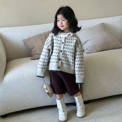 2024秋季新款童装 韩版童装 女童碎花毛线开衫+短裤 女童毛线套装