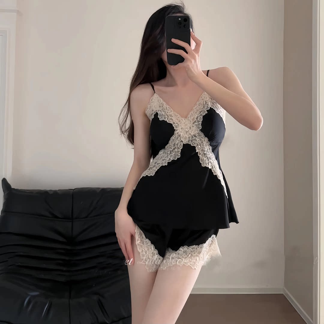 性感带胸垫睡衣女吊带短裤家居服图片