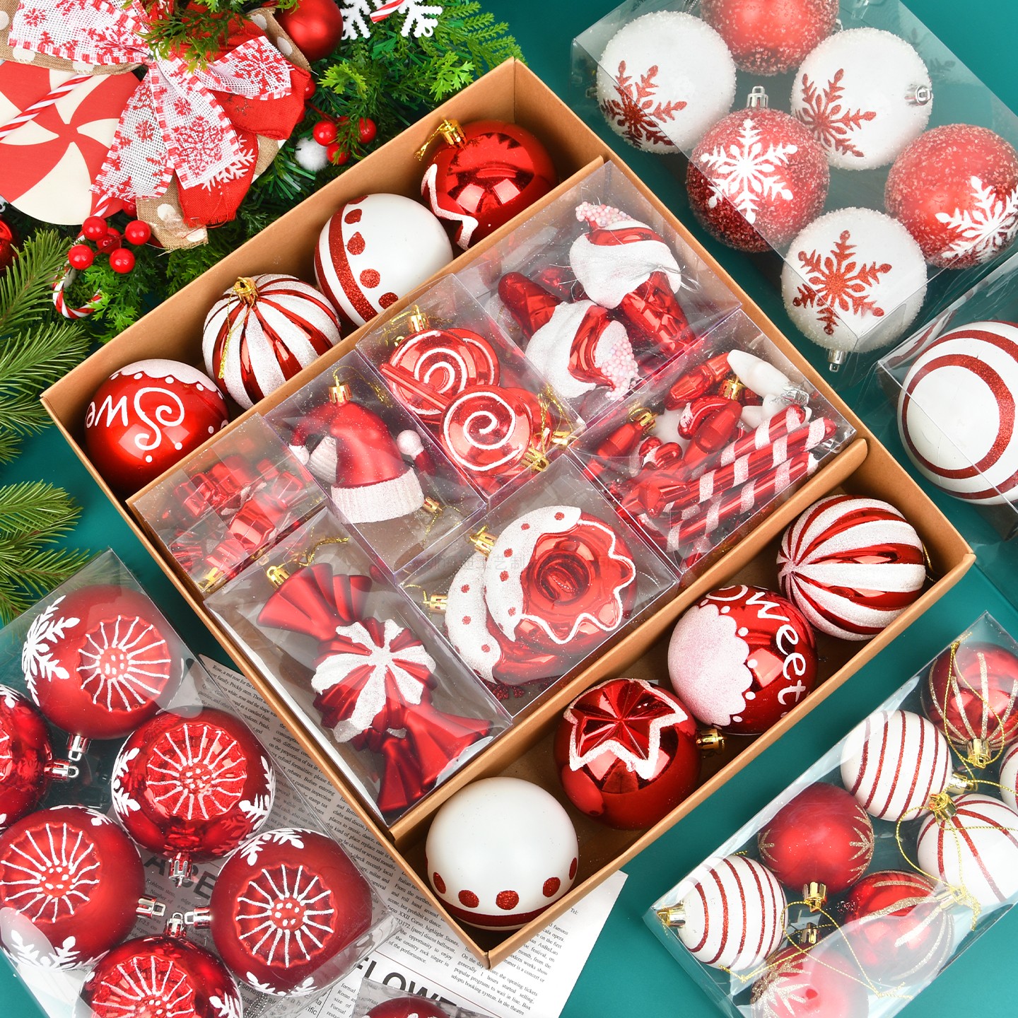 跨境圣诞装饰品红白彩绘球糖果