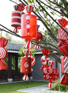 圣诞节装饰用品红白色彩绘糖果挂件吊饰婚庆场景拍摄商场美陈道具