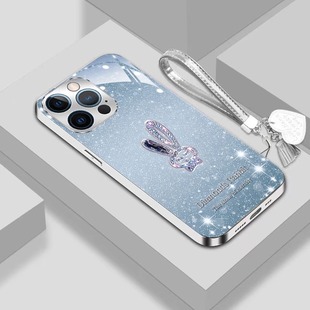 璀璨蓝兔挂绳适用于苹果15promax手机壳新款 8plu iphone14pro液态玻璃12pm全包防摔7超薄xs潮max高档11p男女款