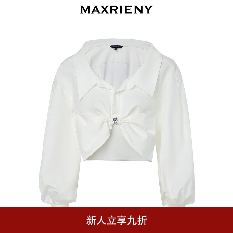 MAXRIENY复古大廓形蝴蝶扭结截短衬衫早上衣