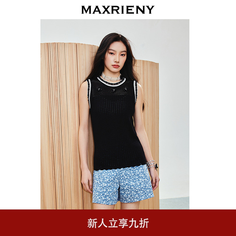 MAXRIENY撞色边针织背心无袖圆领上衣