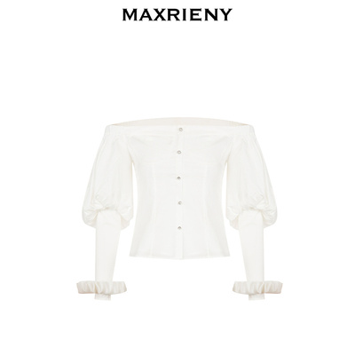 MAXRIENY一字肩吊带雪纺衫秋季上衣女泡泡袖