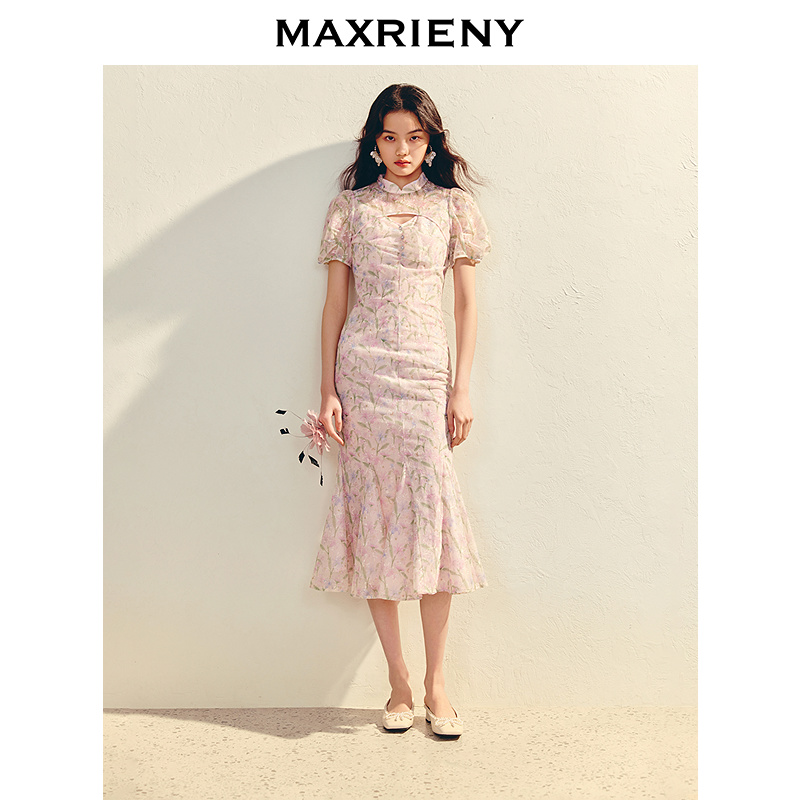 MAXRIENY夏季甜美浪漫收腰修身鱼尾连衣裙圆领短袖中长裙