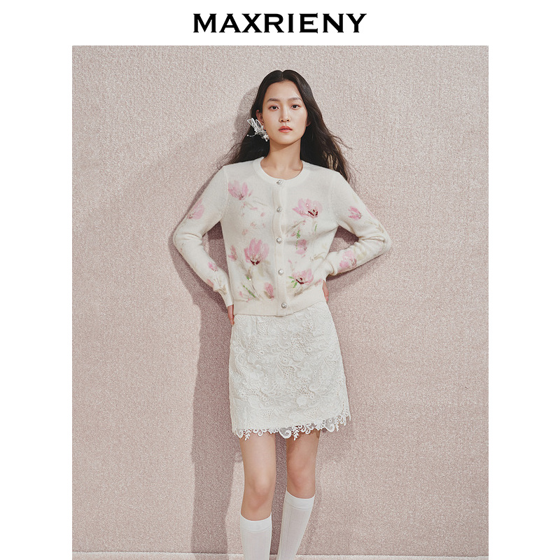 MAXRIENY商场同款钉珠印花针织开衫秋冬新款