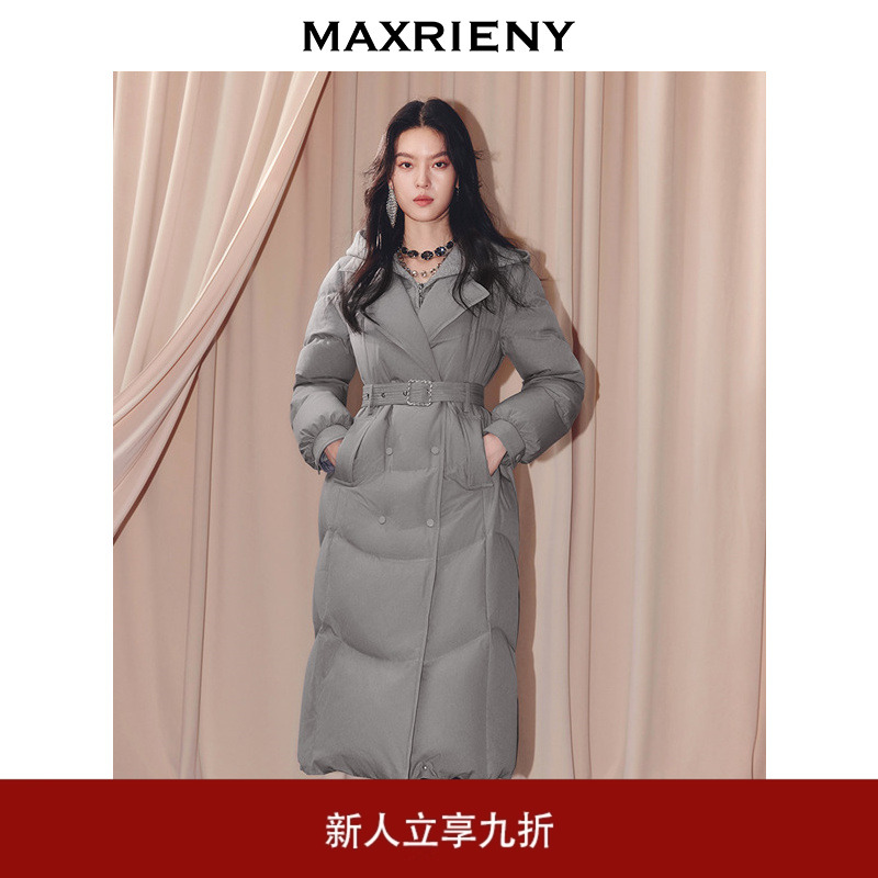 MAXRIENY格雷系气质穿搭菱斜纹绗缝过膝羽绒服冬款保暖外套长款