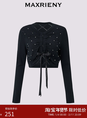 MAXRIENY芭蕾风菱格纹黑色开衫