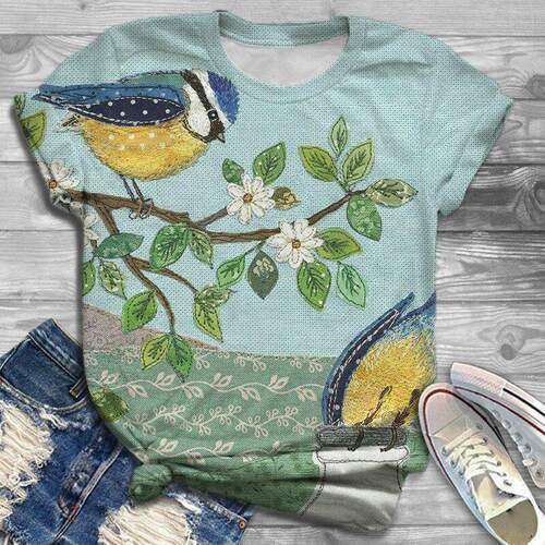 Summer hot item round neck printed short sleeved top loose f