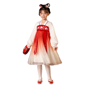 笛牧女童汉服2024秋季新款古风中秋节刺绣欧根纱小女孩雪纺连衣裙