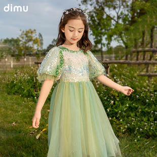 新款 笛牧女童连衣裙2023夏装 洋气时髦超仙亮片绿色网纱儿童公主裙
