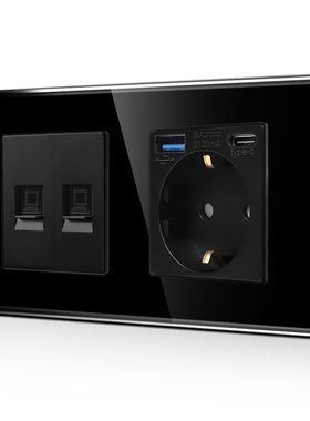 黑色USB/Type-C德插带两个CAT6功能欧式插座德式插座带接地俄罗斯