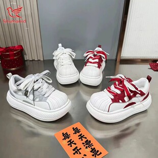 拼色大头松糕面包小白鞋女2026春季厚底增高系带老爹圆头休闲板鞋