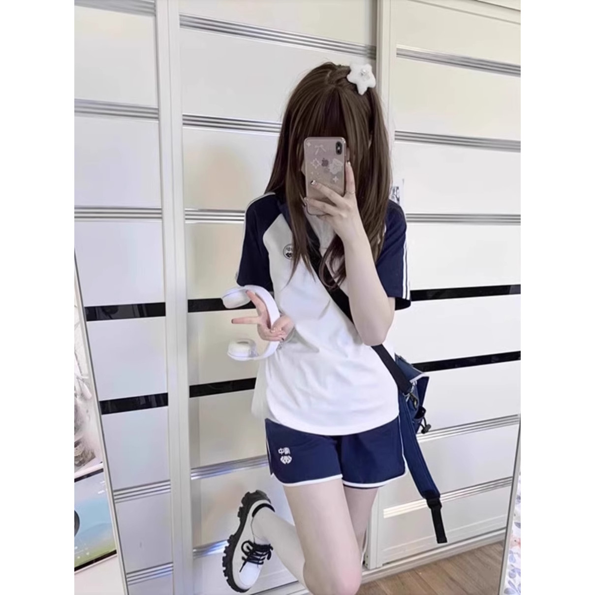现货65鱼鳞】日系少女软妹JK套装女夏季学院风短袖短裤跑步两件套