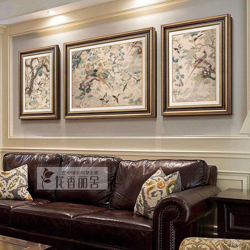 美式复古客厅装饰画法式中古沙发背景墙挂画新中式广绣百鸟争鸣图图片