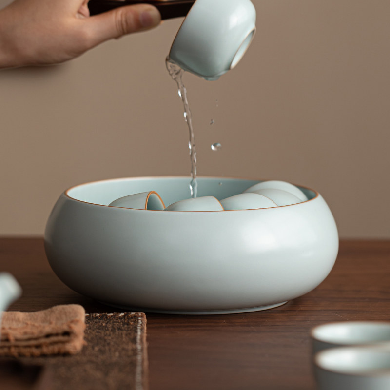 汝窑天青茶洗 特大号水盂家用陶瓷建水茶道配件笔洗缸废水茶渣缸