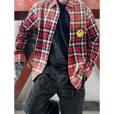 False Perception高街万针刺绣笑脸格子衬衫男女宽松休闲长袖衬衣