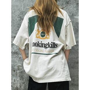 复古水洗水钻烟盒印花短袖 Kills 男女宽松休闲T恤 Smoking False