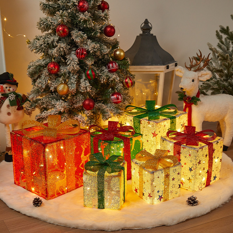 圣诞节装饰品发光礼物盒摆件橱窗氛围布置金属大型礼物大盒子led
