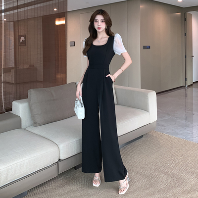 高腰长裤阔腿裤方领短袖连体裤女