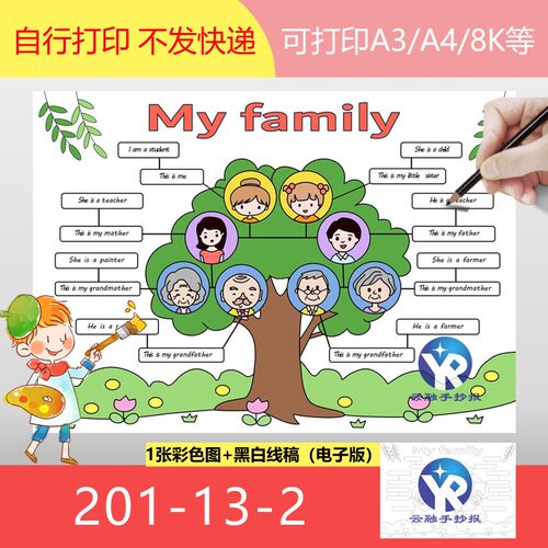 201-13-2家庭树英语手抄报my Family tree思维导图横向两2个女孩