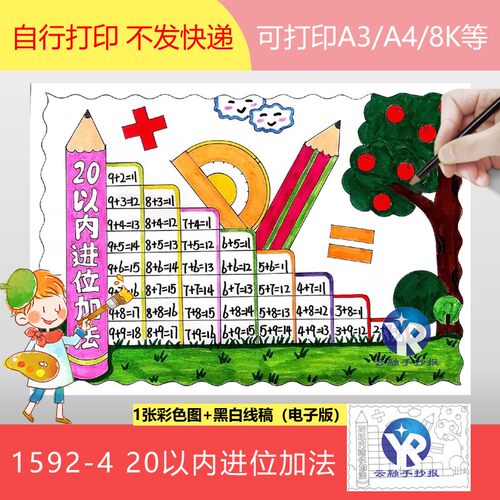 1592-4一年级数学20以内进位加法和退位减法手抄报模板电子版重点