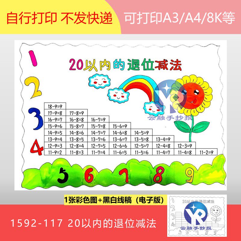 1592-117 20以内的退位减法人教版一年级数学下册手抄报电子版