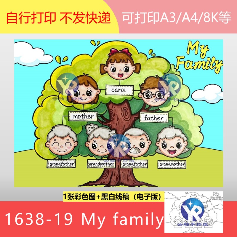 1638-10三年级英语下my family tree家庭树7人手抄报电子版女孩