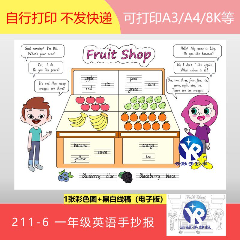 211-6一年级英语水果商店数字颜色4-6单元汇总融合手抄报电子版
