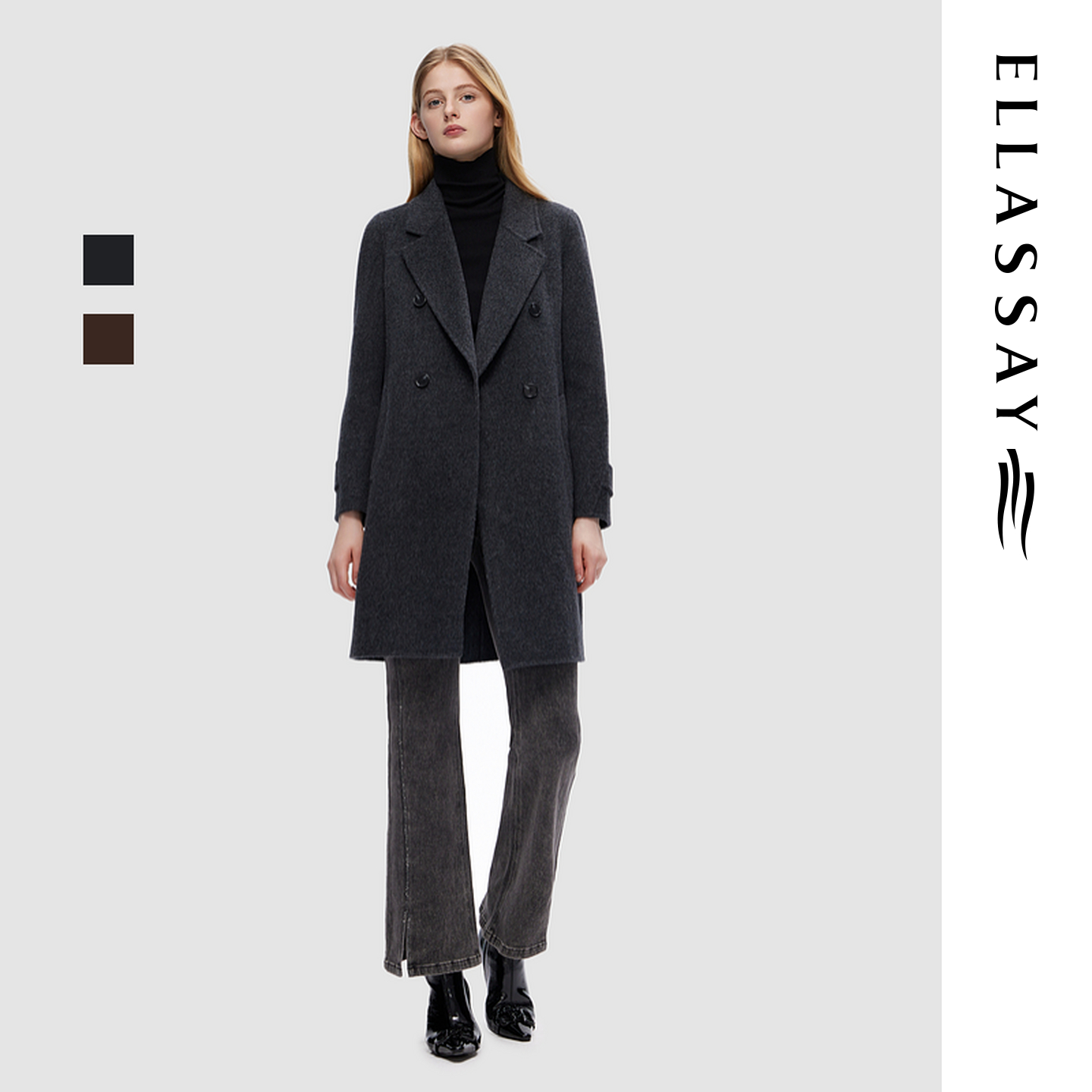 ELLASSAY歌力思秋冬新款绵羊毛简约西装领毛呢大衣女EWD354D02300