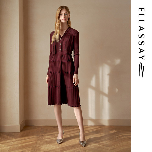 ELLASSAY歌力思秋季新款绵羊毛法式针织连衣裙女EWE343M06000