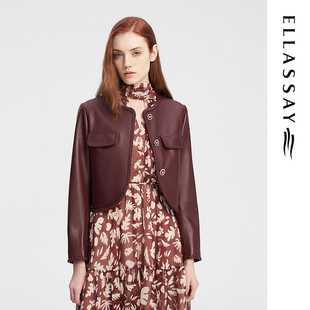 皮衣女EWE343X00400 勃艮第酒红复古短款 ELLASSAY歌力思秋季 新款