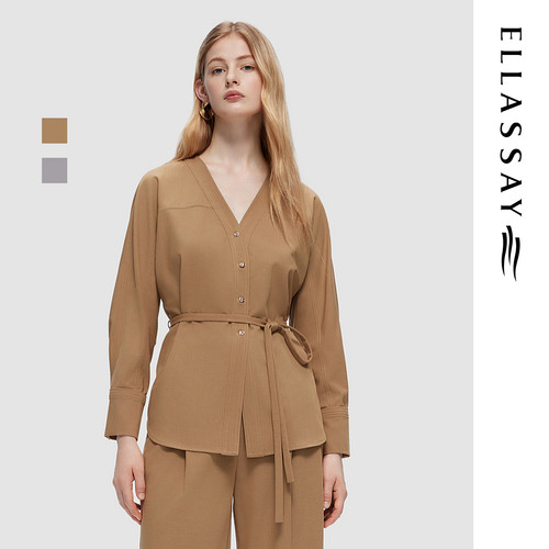 ELLASSAY歌力思秋季新款老钱风法式系带V领衬衫女EWD353C00800