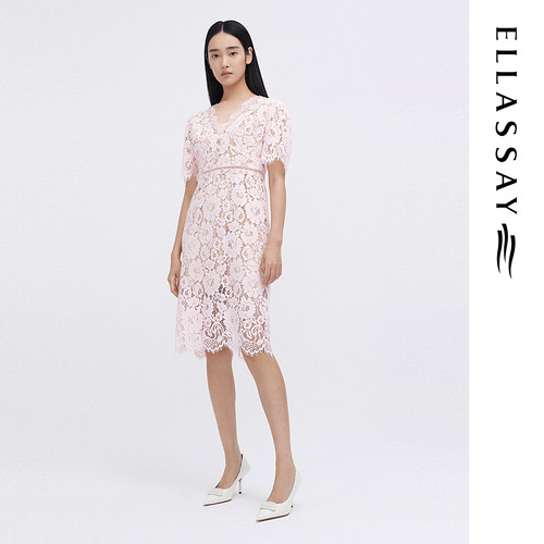 ELLASSAY歌力思夏季新款棉感蕾丝花纹收腰连衣裙女EWE341Y09400