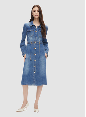 ELLASSAY歌力思秋冬新款棉混纺翻领牛仔连衣裙女EWU353N00100