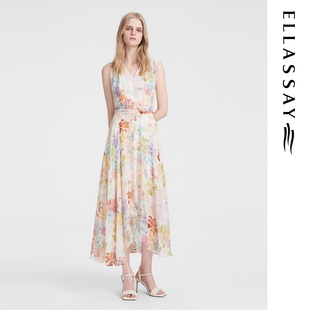 ELLASSAY歌力思夏季 100%桑蚕丝腰间扣畔连衣裙女EWE352Y10500 新款