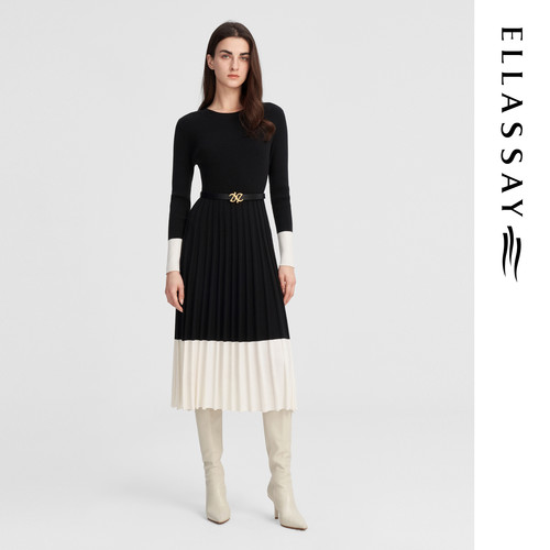 ELLASSAY歌力思秋冬新款气质简约中长款长袖连衣裙女EWW343M01500