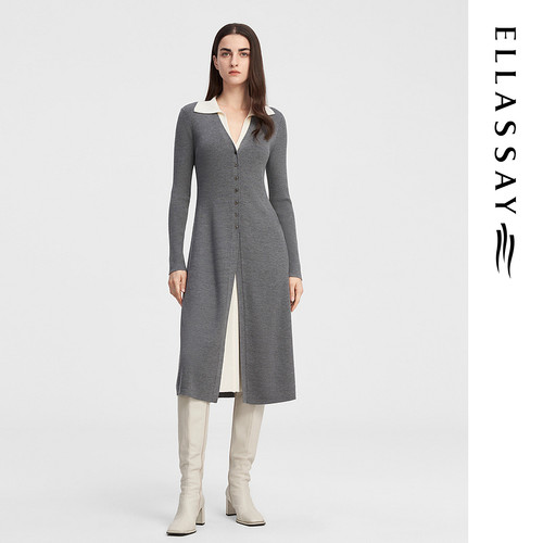 ELLASSAY歌力思秋季新款羊毛假两件修身针织连衣裙女EWE343M03100