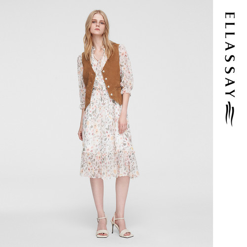 ELLASSAY歌力思夏季新款100%桑蚕丝超薄印花连衣裙女EWW352Y03300