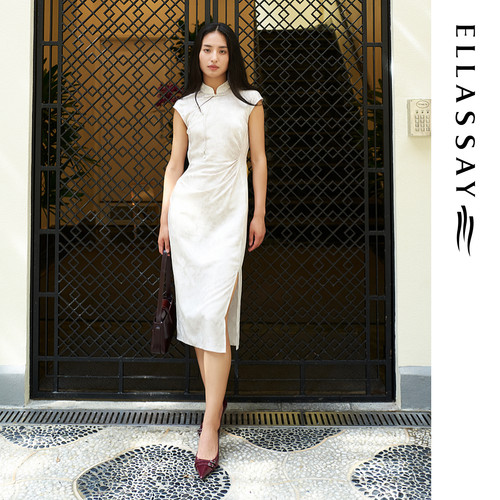 ELLASSAY歌力思秋季新款立领珠扣无袖提花旗袍裙 女EWV353Y00200