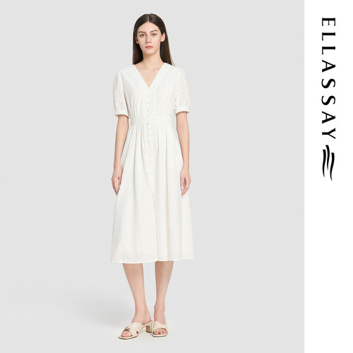 ELLASSAY歌力思2026夏季新款100%棉简约V领连衣裙女EWD372Y03800