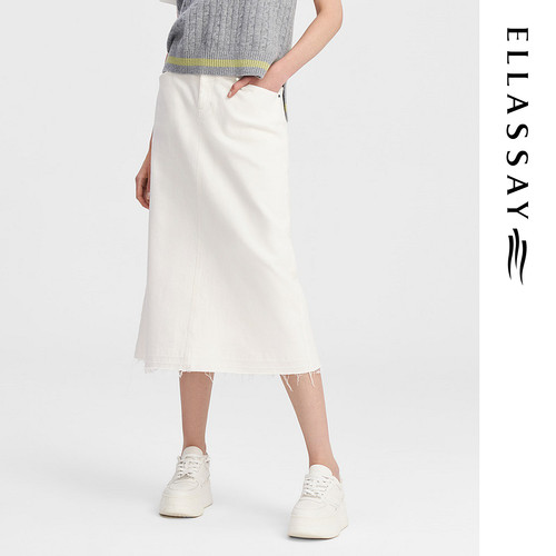 ELLASSAY歌力思秋季新款高腰迷笛裙纯棉牛仔半身裙女EWW343N01100
