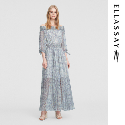 ELLASSAY歌力思春夏新款优雅一字肩气质长款连衣裙女EWD355Y18200