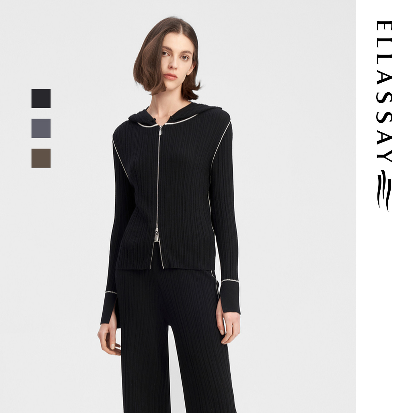 ELLASSAY歌力思秋季新款100%绵羊毛休闲连帽针织衫女EWW343M00300
