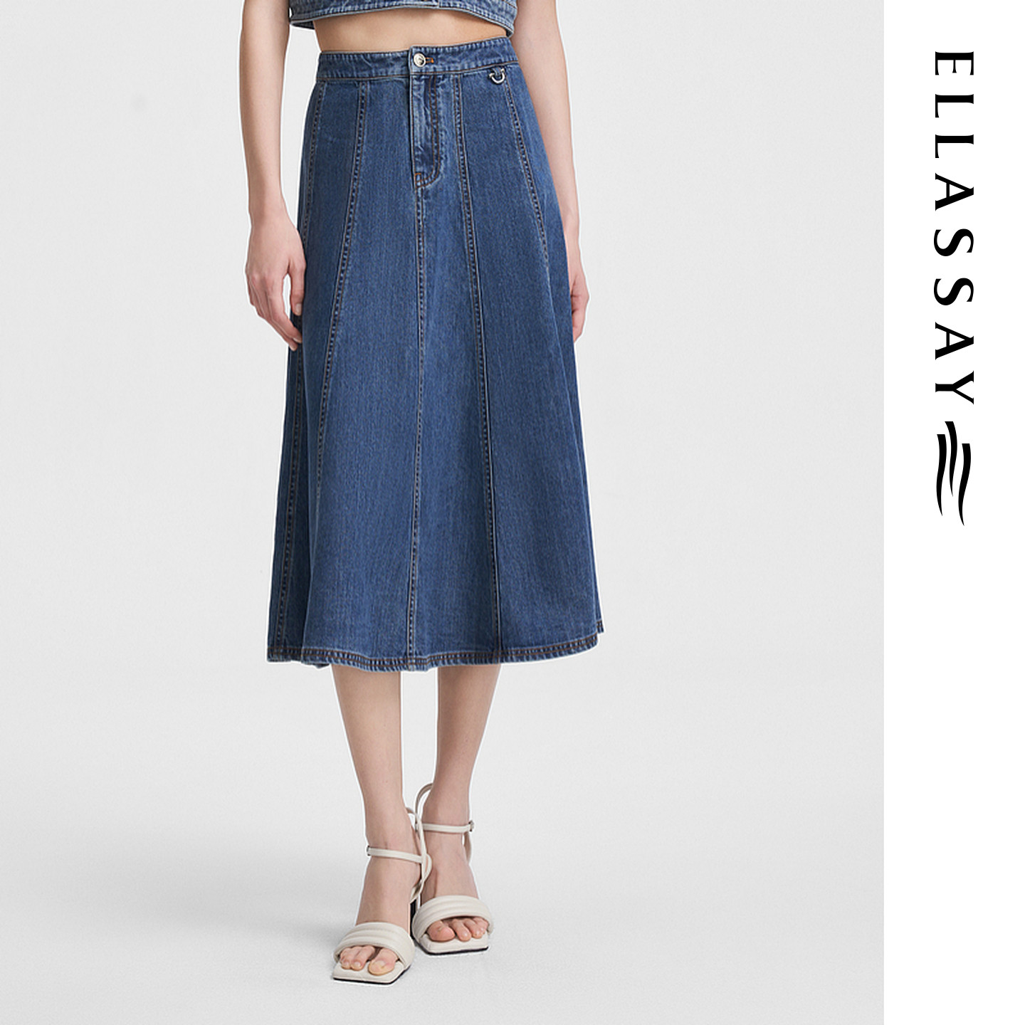 ELLASSAY歌力思春季新款A字中长款伞裙牛仔半身裙女EWW351N06200