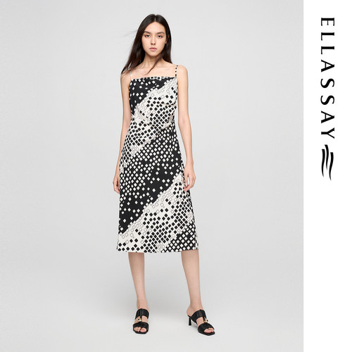 ELLASSAY歌力思夏季新款桑蚕丝黑白棋盘修身吊带裙女EWE362Y07600