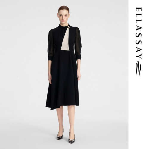 ELLASSAY歌力思早秋新款简约不对称黑白撞色连衣裙女EWF353Y01100